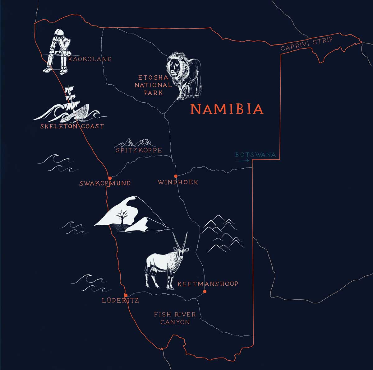 Hand drawn map of Namibia